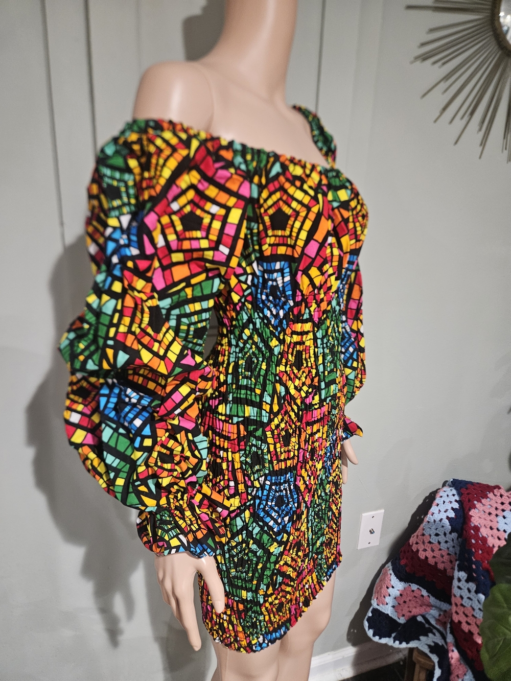 Awelana Tibori NWT Off Shoulder Smocked Mini Dress Colorful Mosaic Print - Picture 9 of 16